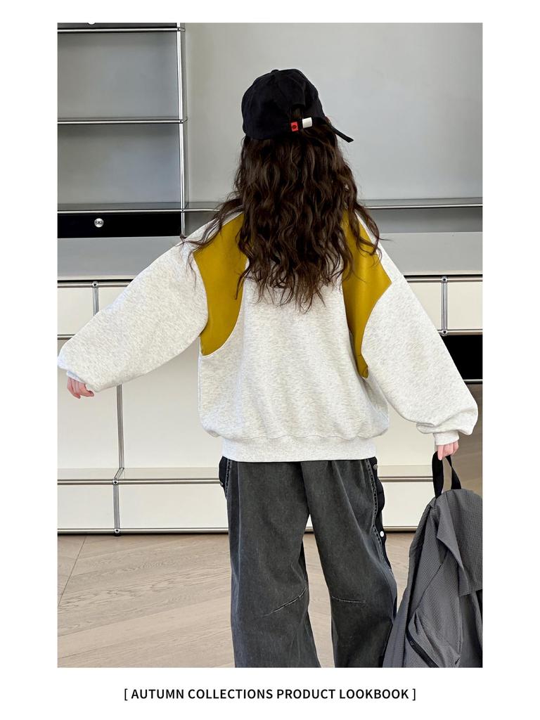 Bluza dla dziewczynek w stylu koreańskim z patchworkowym blokiem kolorów, zapinana na pół zamek - modna i stylowa na jesień
