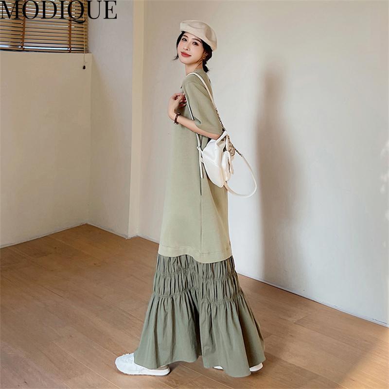 MODIQUE Summer Plus Size Women Loose Casual Patchwork Pleated Cotton Extended Length T-Shirt Long Dresses Female Oversize Short Sleeve O-Neck Dresses