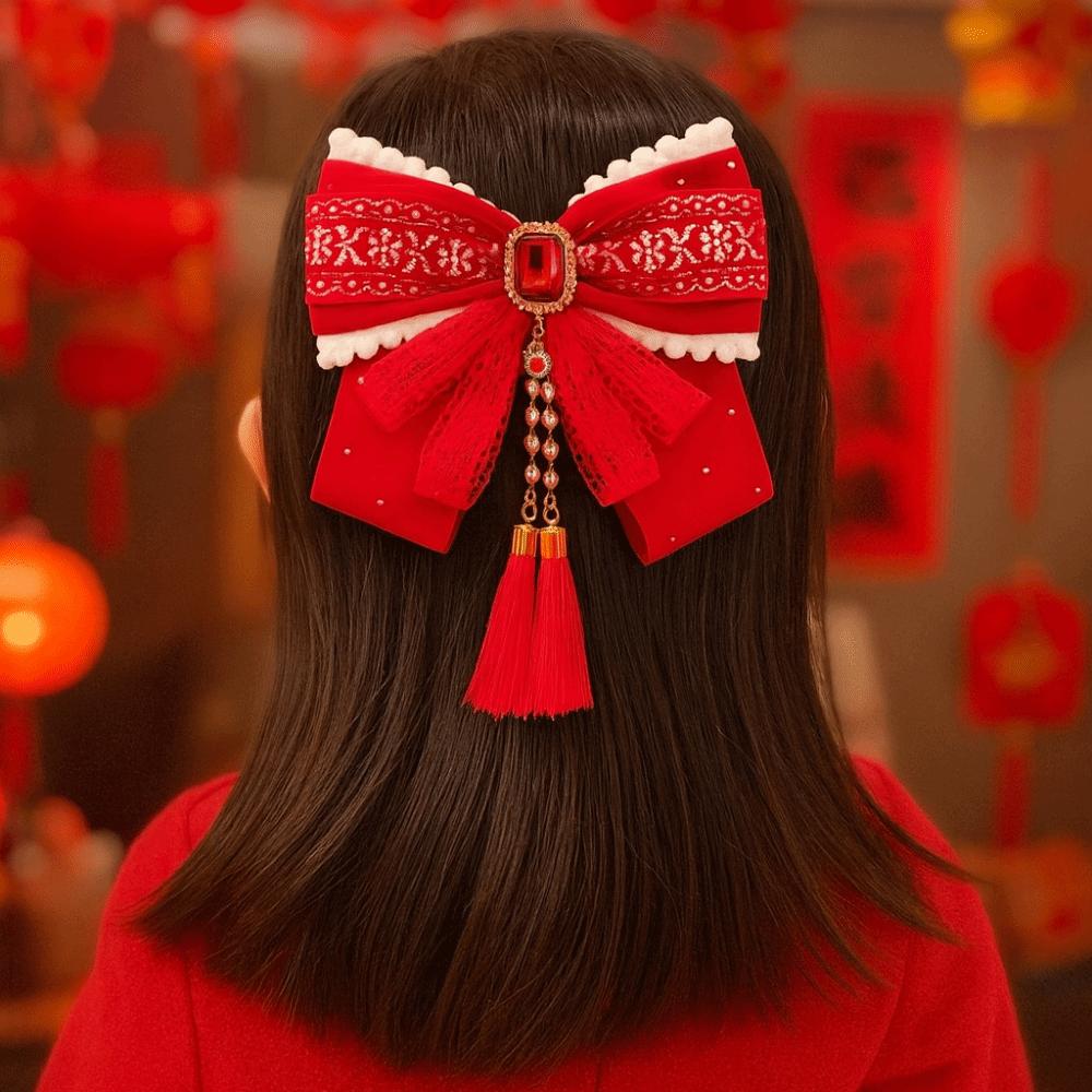 Red Bow Ribbon Hair Clip Tassel Hanfu Hair Ornamen Cute New Year Hairpin  Home