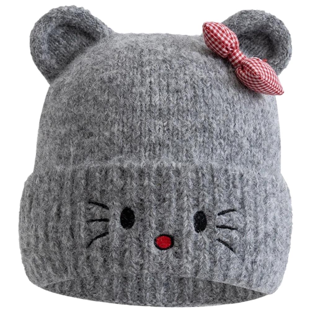 Hot Sale Women Loose Soft Beanie Hat Lovely Cute Cat Ear Bow Design Winter Knitted Hats For Female Streetwear Winter Hat