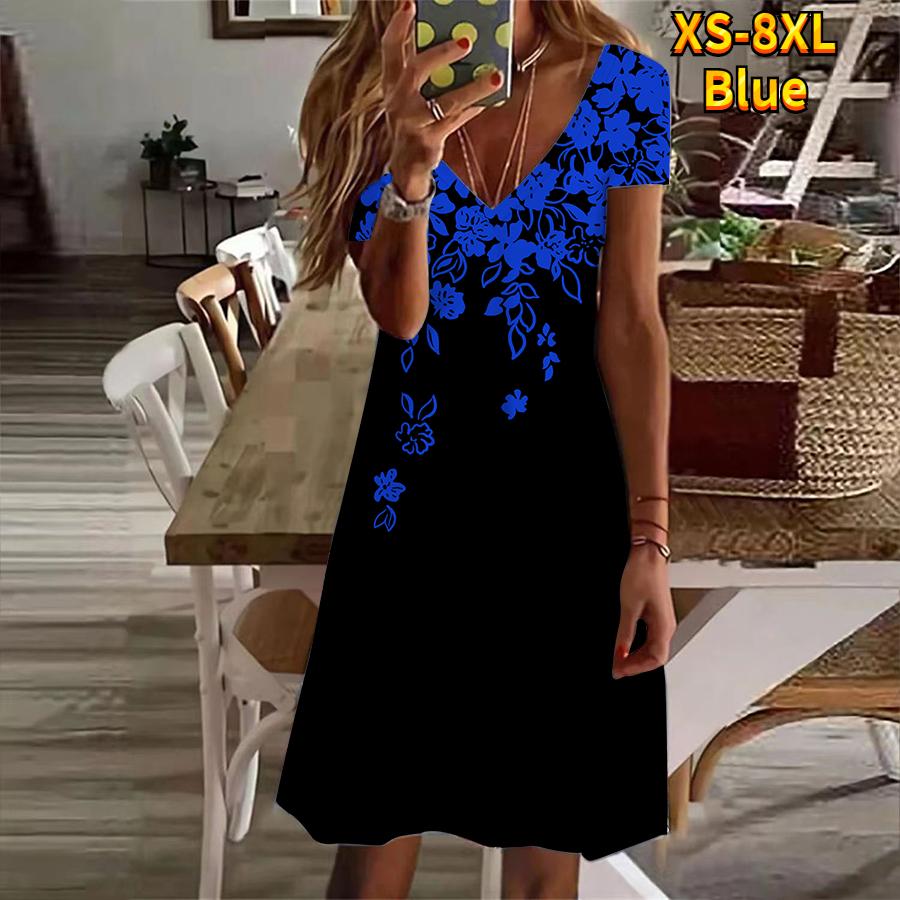 

Летнее модное женское платье с V-образным вырезом и коротким рукавом с увядающим цветочным принтом, сексуальное платье 6XL синий