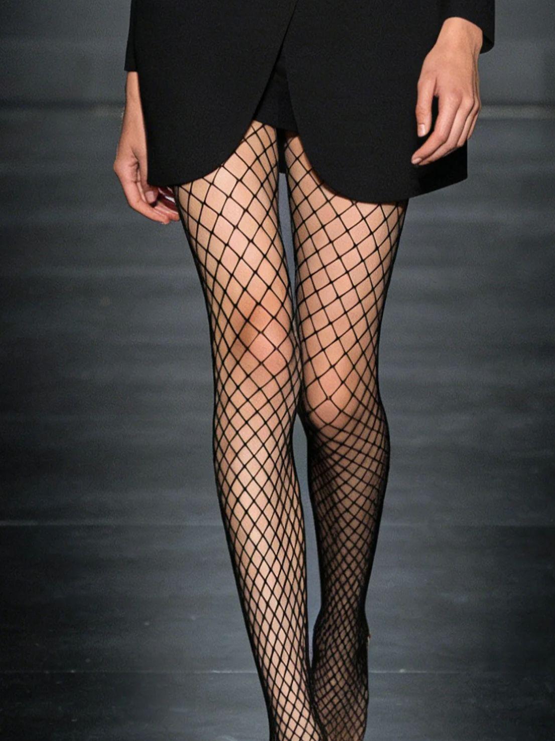

1 Pc Women S Black Medium Grid Fishnet Pantyhose, High-Stretch Sheer Hosiery For Office Commute & Streetwear Outfits One Size