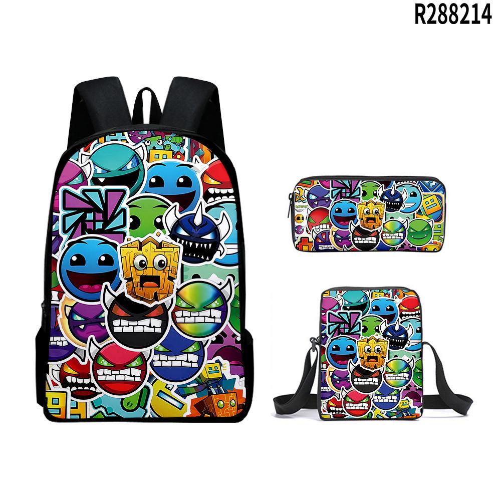 3pcs Set School Bags Kids Bags 3D New Product Geometry Dash Student Backpack Crossbody Bag Pencil Cas Bookbags