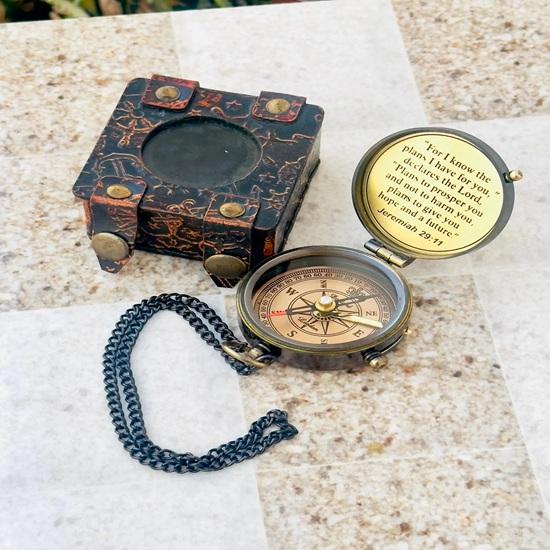 5.08 Cm Brass Engraved Compass with Leather Case Gift for Traveler, Christmas Gift Compass, Anniversary, Gift for Him, Gift for My Son