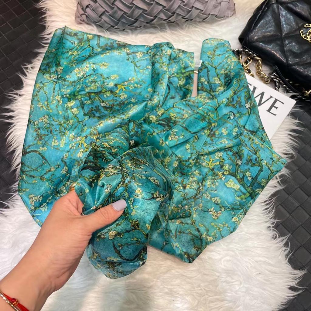 100% Maulbeerseide Schal Tuch Pflaumenblüten Design Blau Grün Sommer Strand Seiden Schals Tücher Herbst Winter Nacken Kopf Tuch