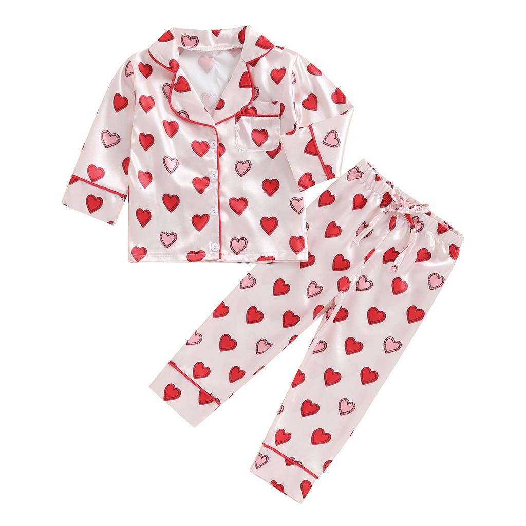 Boys and Girls Fall Loungewear Set, Heart Print Long Sleeve Lapel Button Shirt + Elastic Waist Loose Long Pants Pajama Set