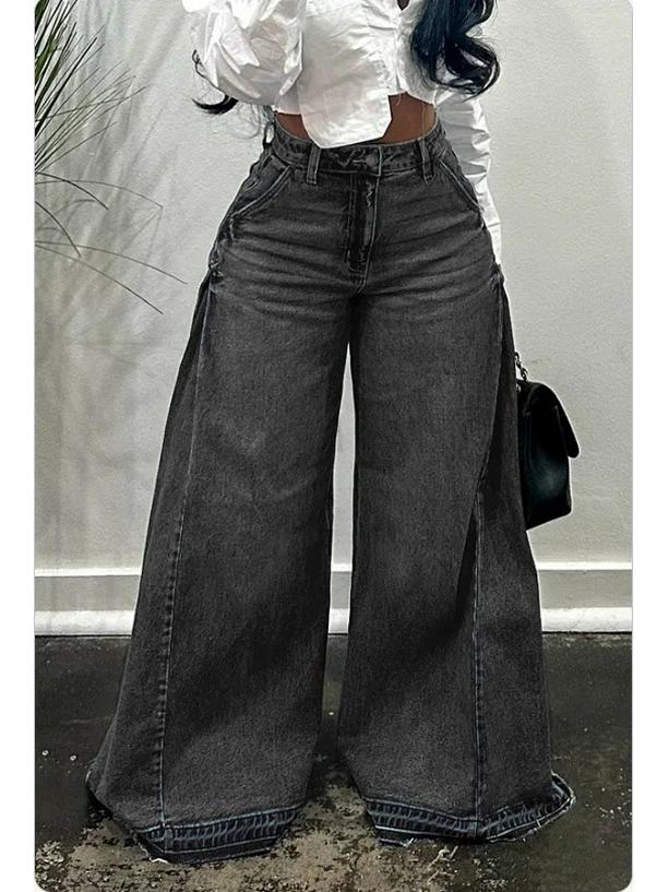 Women's American Retro Wide Leg Distressed Patchwork Jeans