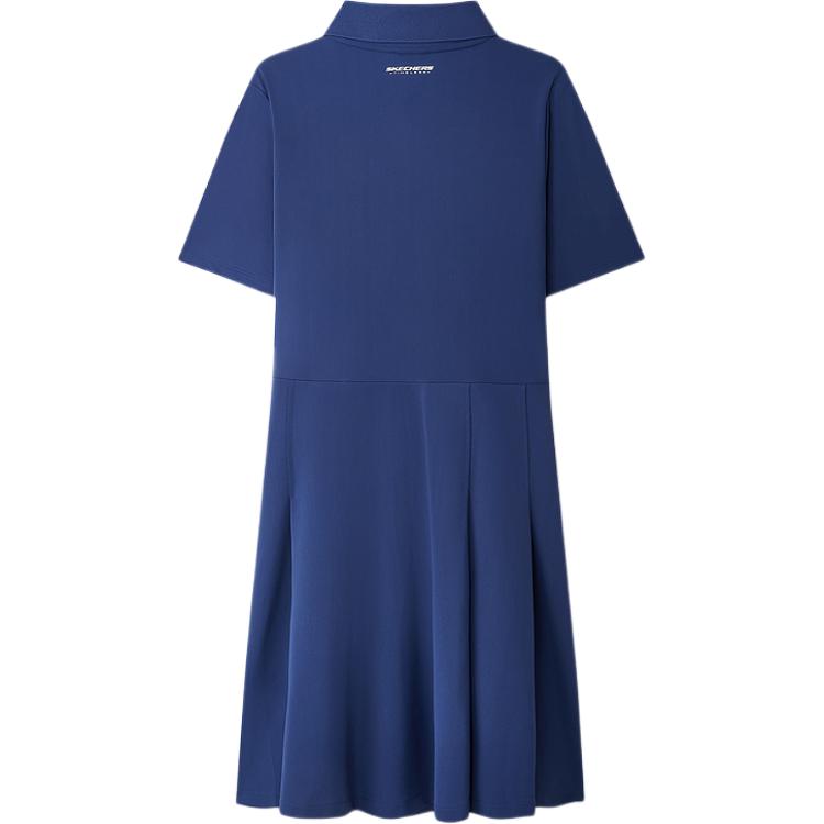 Skechers Classic Series Polo Collar Breathable Comfortable Solid Color Versatile Short Sleeve Dress Women dresses Medieval-Blue L225W030-007D