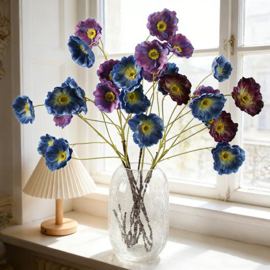 3 Heads Full Blooms Artificial Flower Real Touch Fake Silk Flower Branch with Long Stem for Home Kitchen Party Table Centerpiece