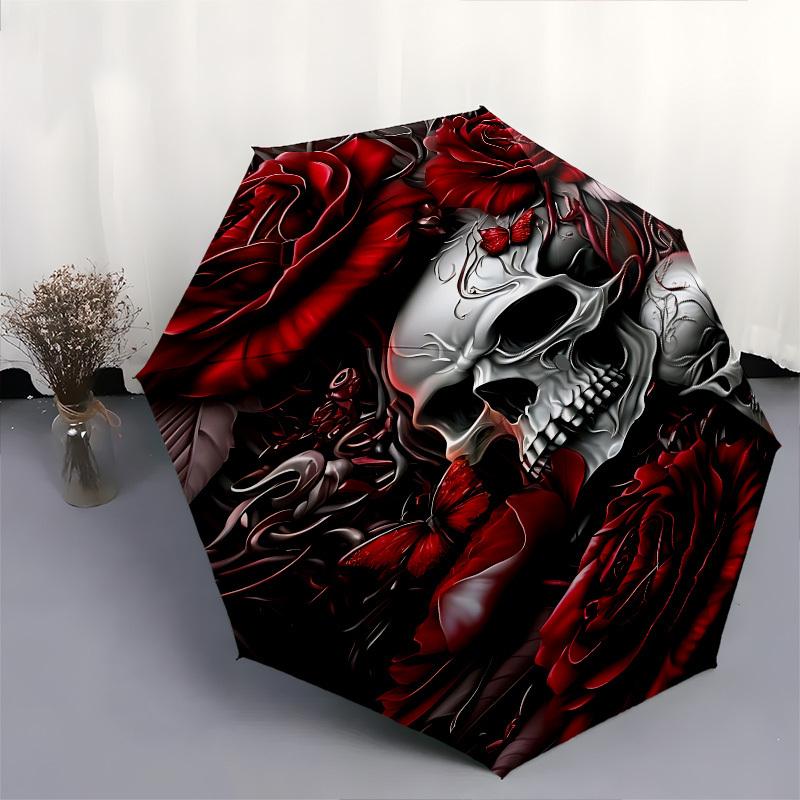 Skull Roses Themed Automatic Opening and Closing Umbrella, Brightly Colored 8 rib Portable Umbrella, Suitable for Men and Women, A Perfect G