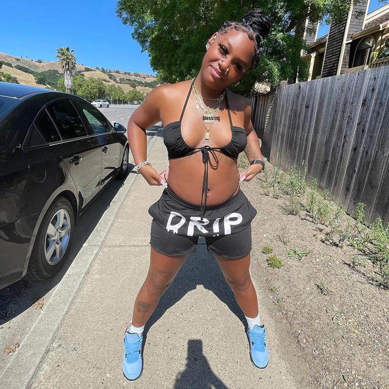 Stylish Halter Neck Printed Lace-Up Two-Piece Suit for Women