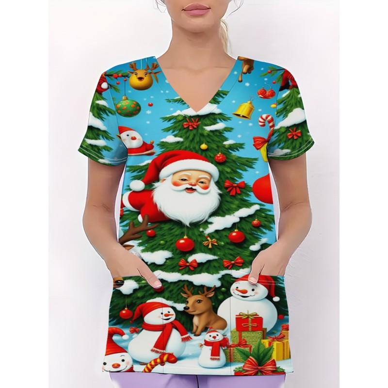 Womens V-Neck Short Sleeve Nursing Scrub Top With 3D Cartoon Print Comfortable Workwear Casual Medical Uniform