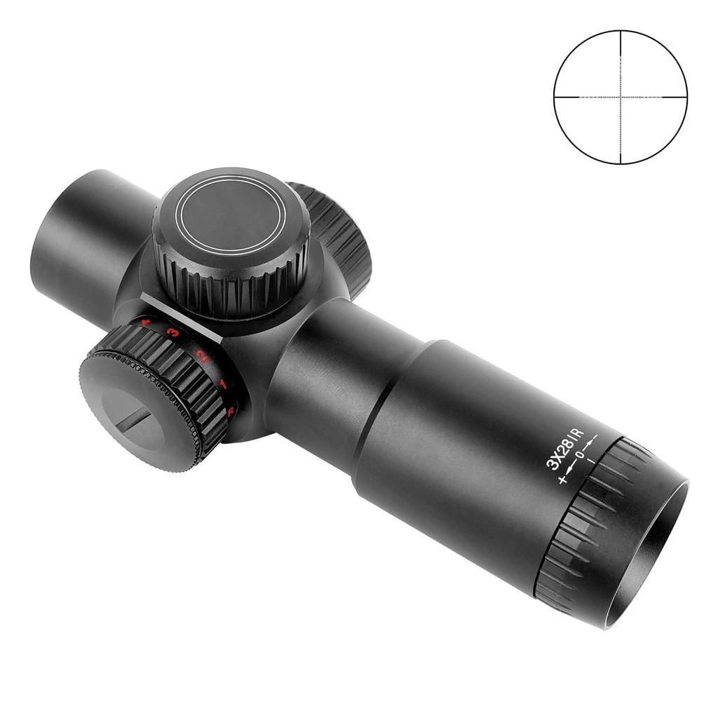 SKEERY 3x28IR Riflescope, 3x Fixed Magnification, Compact Scope, Red and Green Brightness Adjustable in 5 Levels, Short Scope for Airsoft, with 20mm