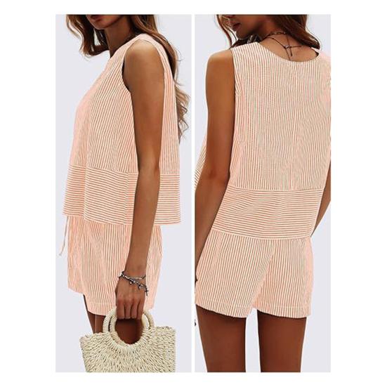 Γυναικεία καλοκαιρινά 2 τεμάχια, σετ αμάνικα σορτς με φανελάκι, casual ριγέ φόρμα, σετ για διακοπές και παραλία, ασορτί σετ