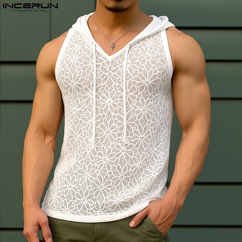 

INCERUN Summer Men Sleeveless Lace Crochet Mesh Sheer Hooded Tank Tops 5XL білий