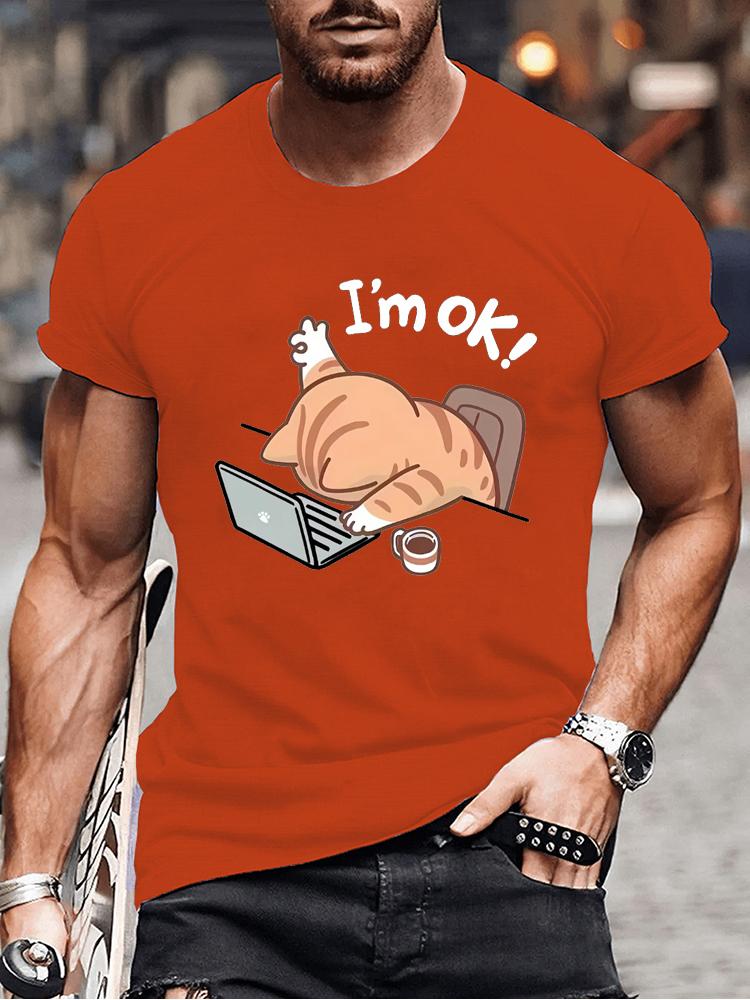 Cute "I'm OK" Cat Graphic T-Shirt for Men Women Casual Round Neck Short Sleeve Tee Fashion Stylish Lazy Cat Design T-shirts Tops