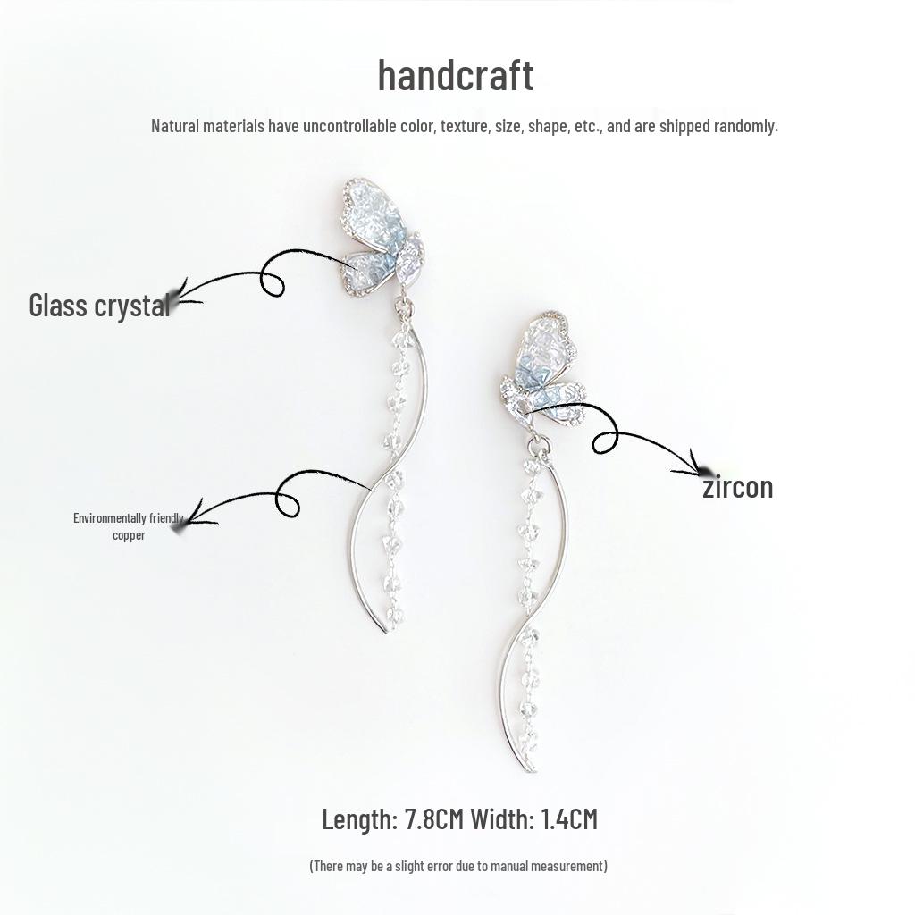 Guochao Handmade Crystal Butterfly Tassel Earrings, Forest-Inspired Fresh Style for Women