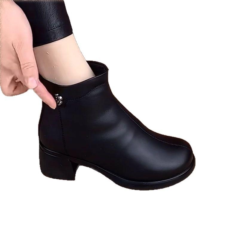 2025 autumn and winter new soft leather low-heeled boots women's soft leather round head temperament versatile square heel soft-soled plush f