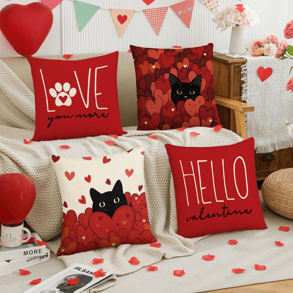 4Pcs Valentine'S Day Red Heart And Cute Black Cat Pattern Pillow Cover, Used For Living Room And Sofa, (Excluding Pillow Core)
