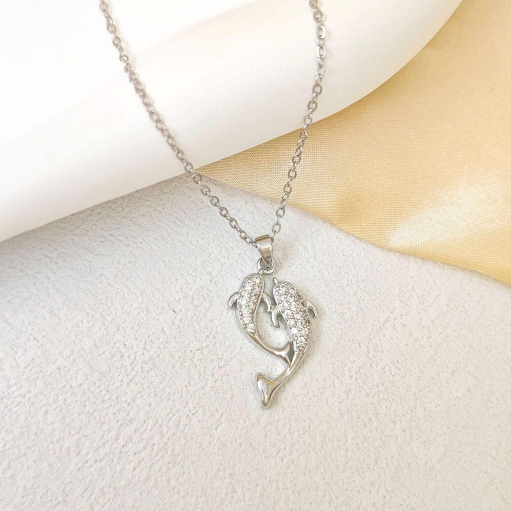Korean Style Luxury Diamond Dolphin Necklace Women's Elegant Design Non-Fading Clavicle Chain