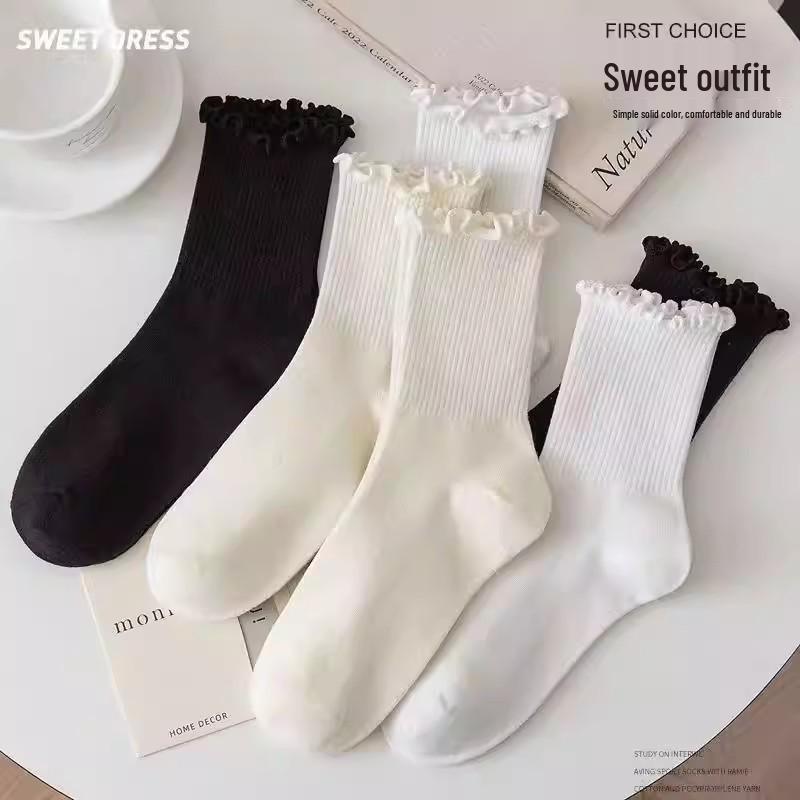 Women's Lace Ruffle Mid-Calf Socks - Sweat-Wicking, Versatile Japanese Mary Jane Style
