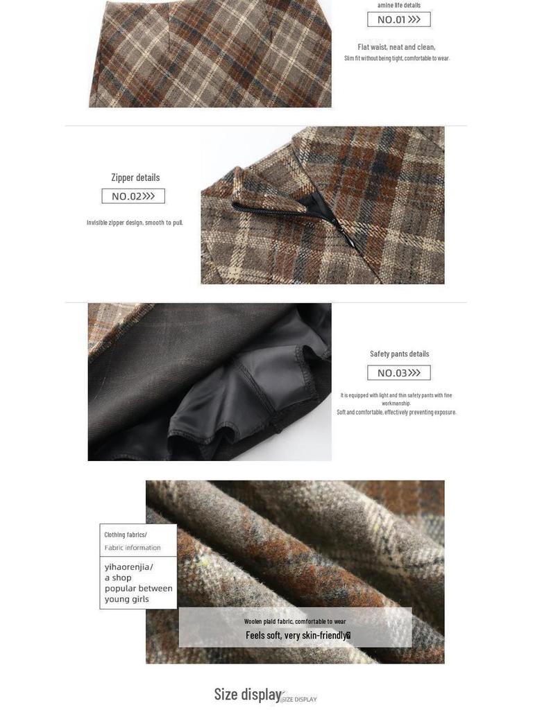 Plus Size Woolen Plaid High Waist A-Line Midi Skirt for Fall/Spring