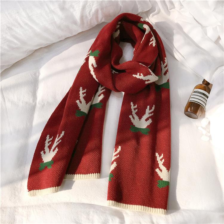 Winter Chic Antler Scarf Japanese Deer Red and Green Double Layer Elk Thickened Woolen Scarf Female Student Shawl 180*40cm