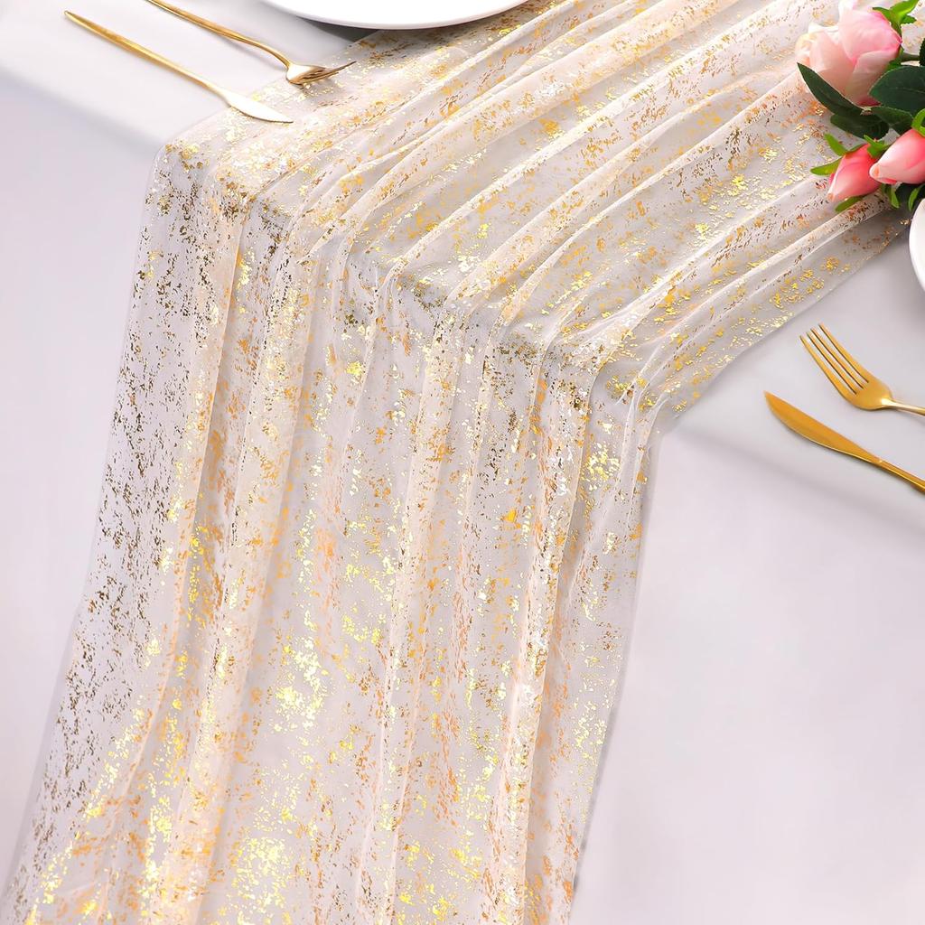Genomskinlig bordslöpare Tüll Ostduk Paljetter Glitter Metallisk Folie Guld Festbordsdekorationer för Bröllop Födelsedag Babyshower