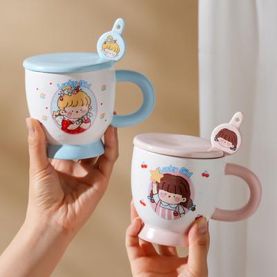 Milch-Fufu-Becher mit Deckellöffel Comics Kinder-Keramikbecher High-End-Paar-Wasserbecher Internet-Promi-Frühstücksbecher