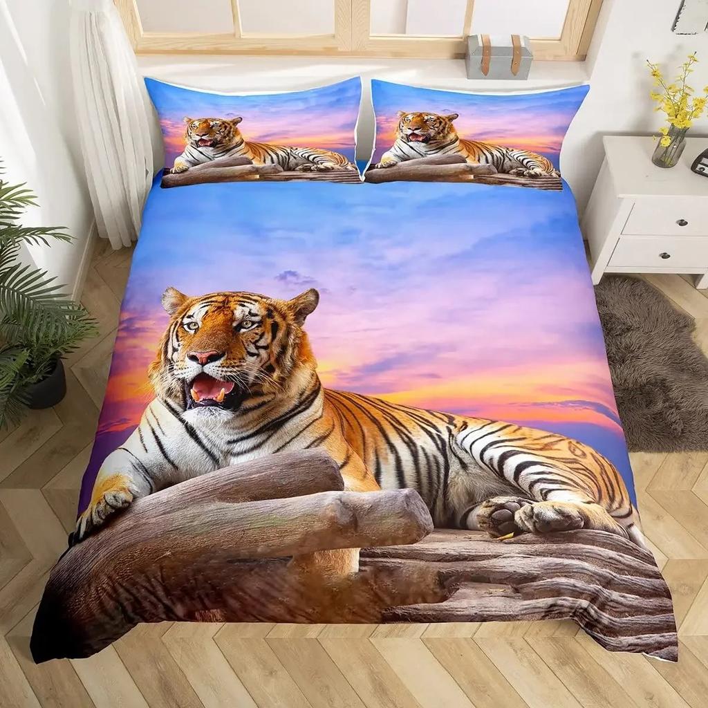 White Tiger Red Rose King Queen Duvet Cover Africa Big Cat 3D Polyester Bedding Set for Adult Teen