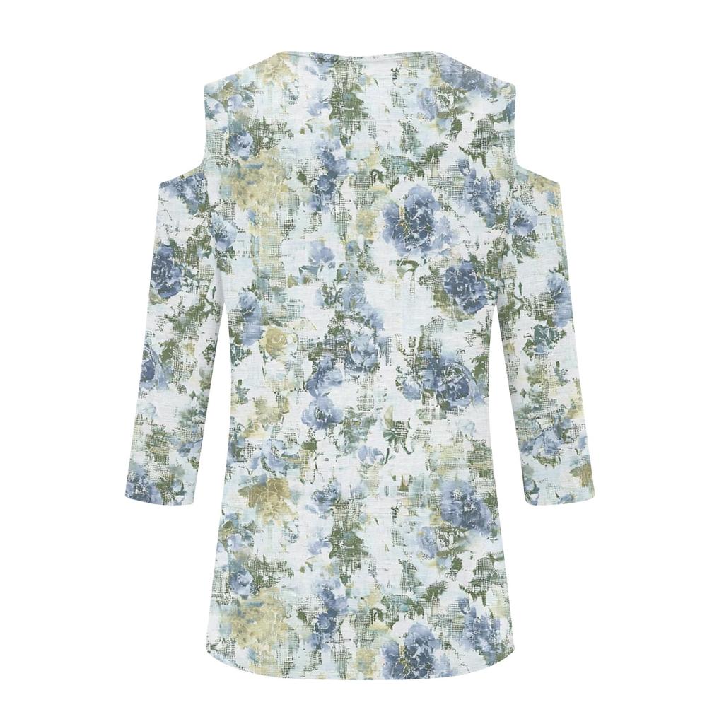 Camicia Casual da Donna Blusa Stampa Scollo a V Sexy Spalla Scoperta Manica 3/4 Top