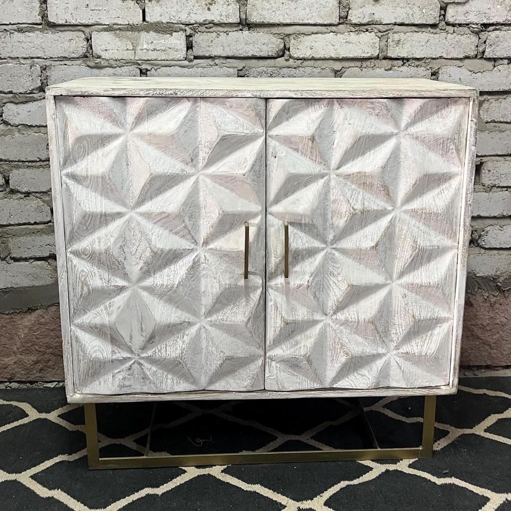 Modern White Wood Carved Cabinet Geometric Front, Brass Legs Accent Storage Sideboard, Entryway or Living Room Decor Furniture -Bedside