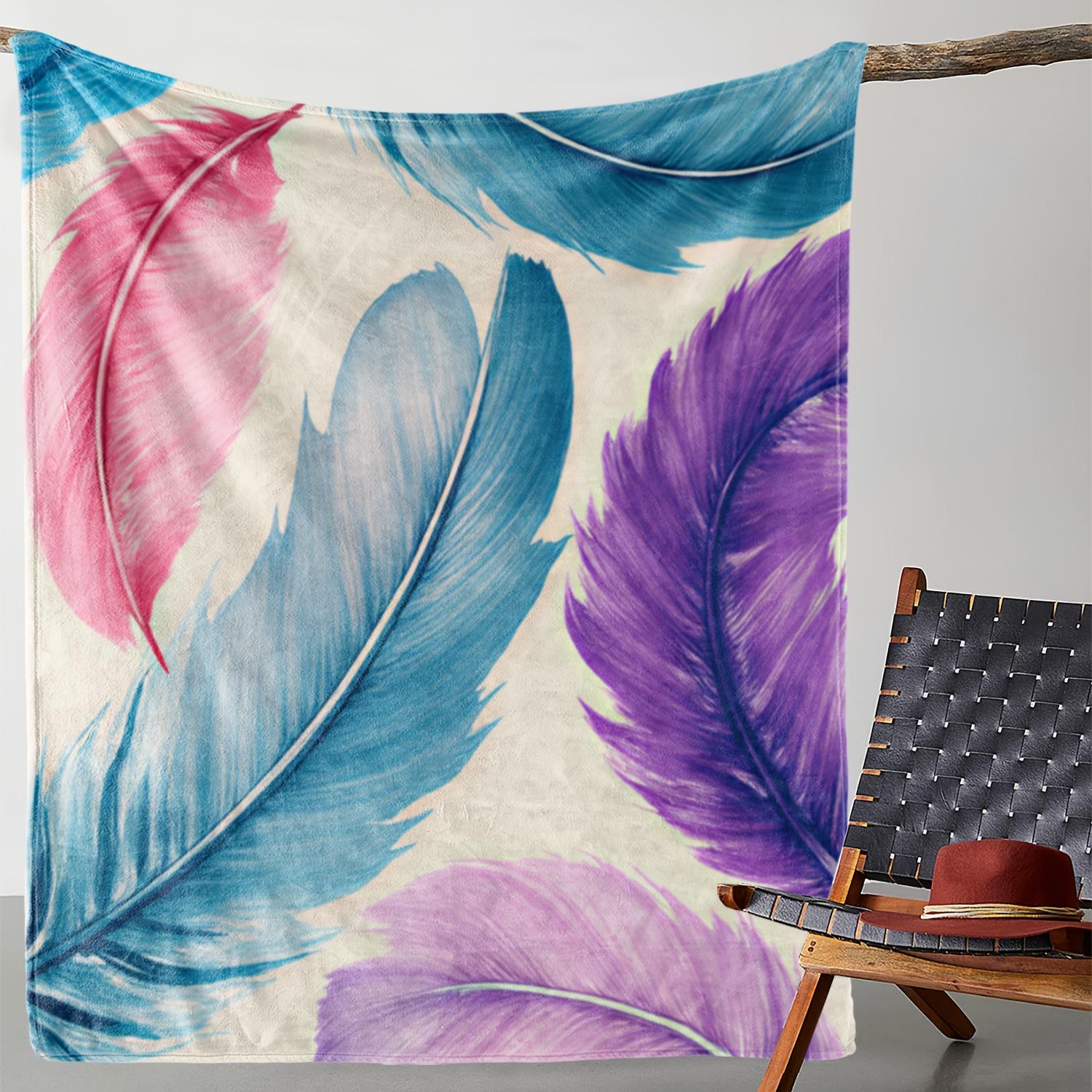 

1pc Zeal Lily Flannel Blanket - Soft Warm All-Season Blue Purple Pink Feather Print Throw, 2D Feather Pattern Bedspread for Couc 75x90cm28x35in