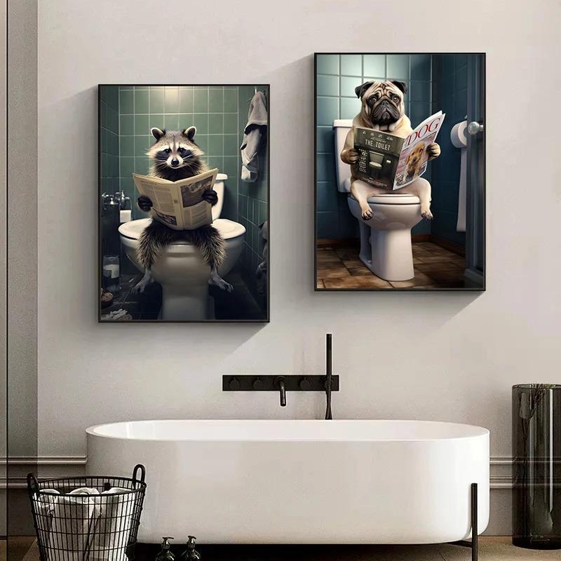 Funny Bathroom Dog Animal Sitting On The Toilet Reading A Newspaper Art Poster Canvas Painting Wall Prints Picture Home Decor