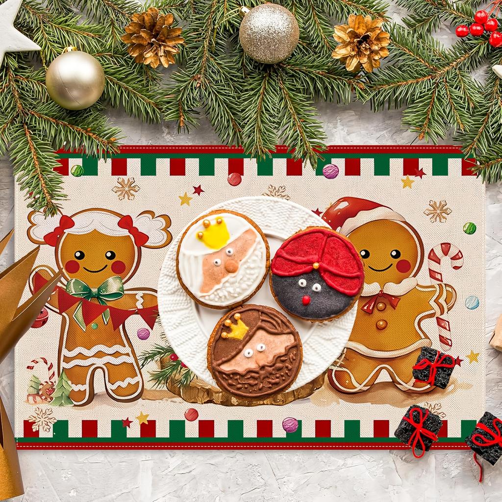 Christmas Set of 4 Gingerbread Man Ice Cream Christmas Placemats, 12X18 Inch Seasonal Table Mats for Party Kitchen