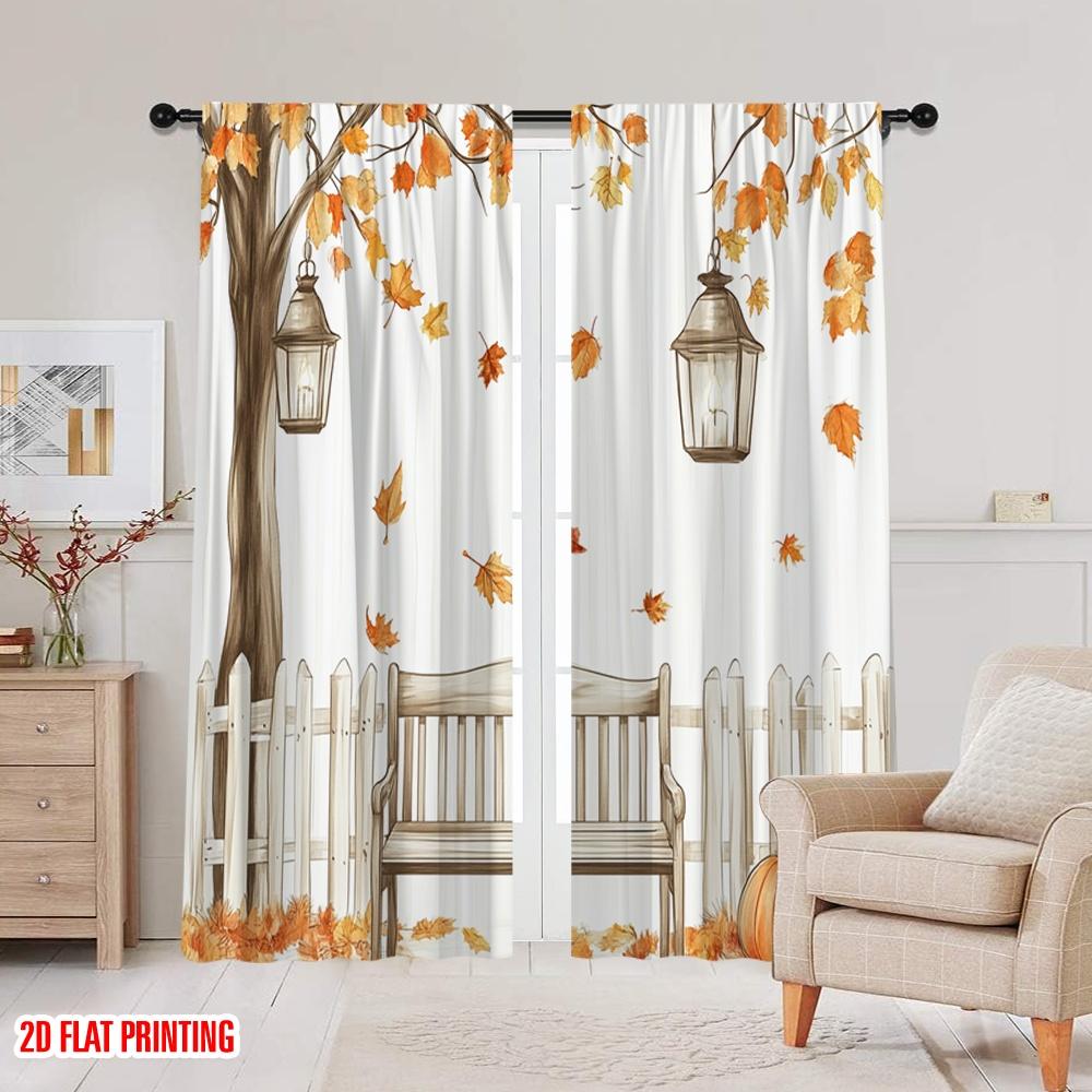 2pcs,2D plane printing Curtains&Window Treatment Autumn Leaves Bench Lanterns Polyester Fabric (without rod) Art Deco Festive