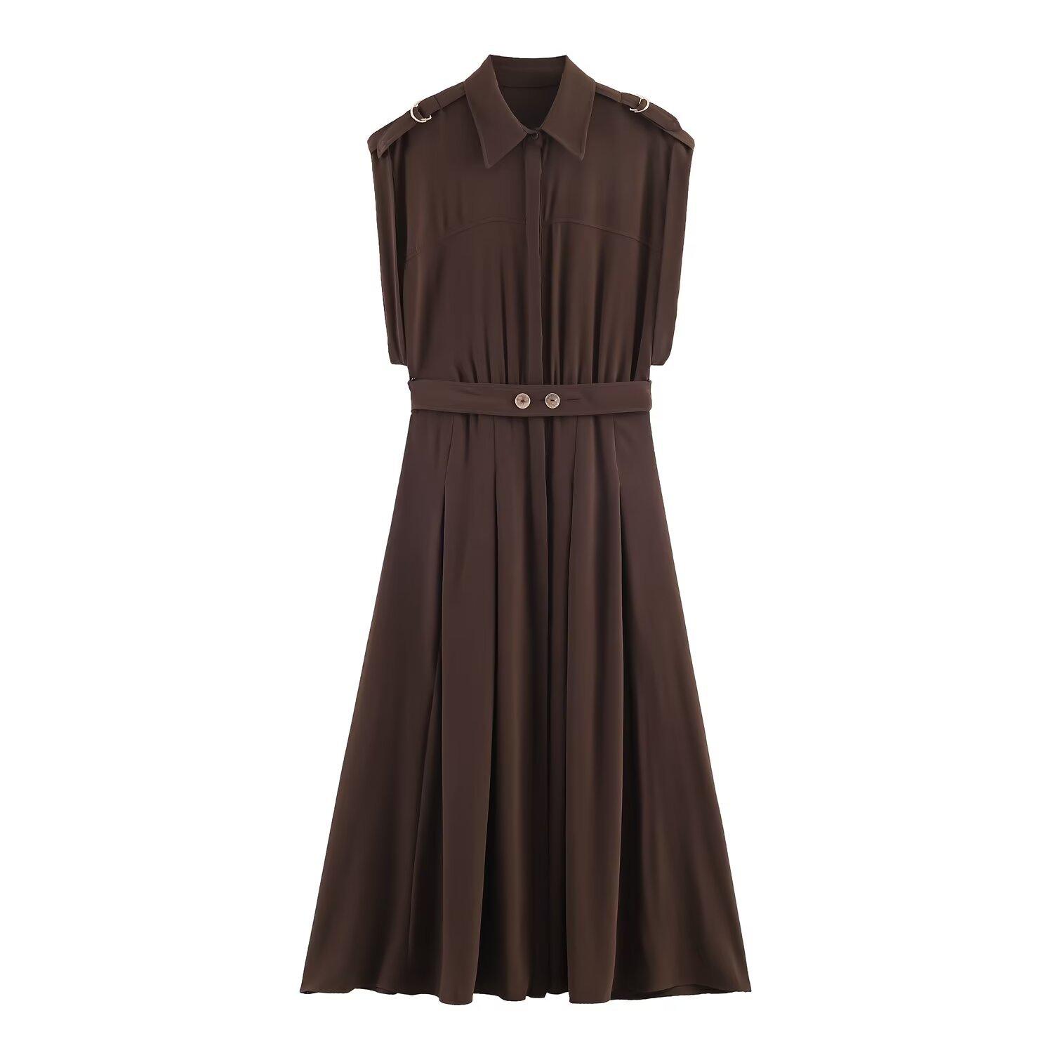 Women s clothing popular fashion with belt Midi dress XS темно-коричневого