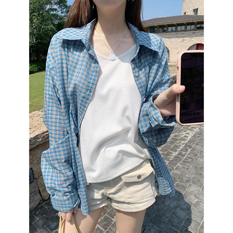 

Blue plaid slack long-sleeved shirt women s summer loose lazy wind polo collar sunscreen early autumn shirt jacket S синий