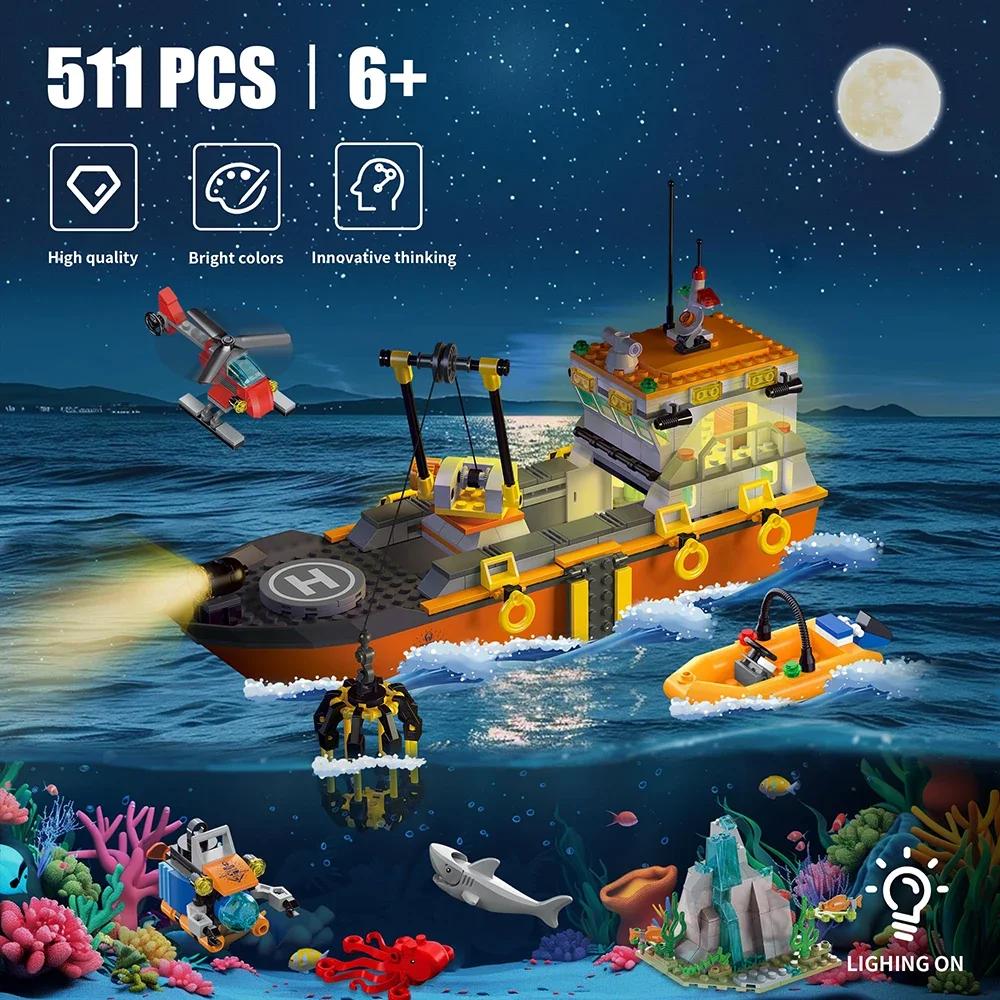City Ocean Explorer Ship Building Set Fun Toy Boat Building Block Kit with LED Lights Helicopter Submarine and Shark Cage