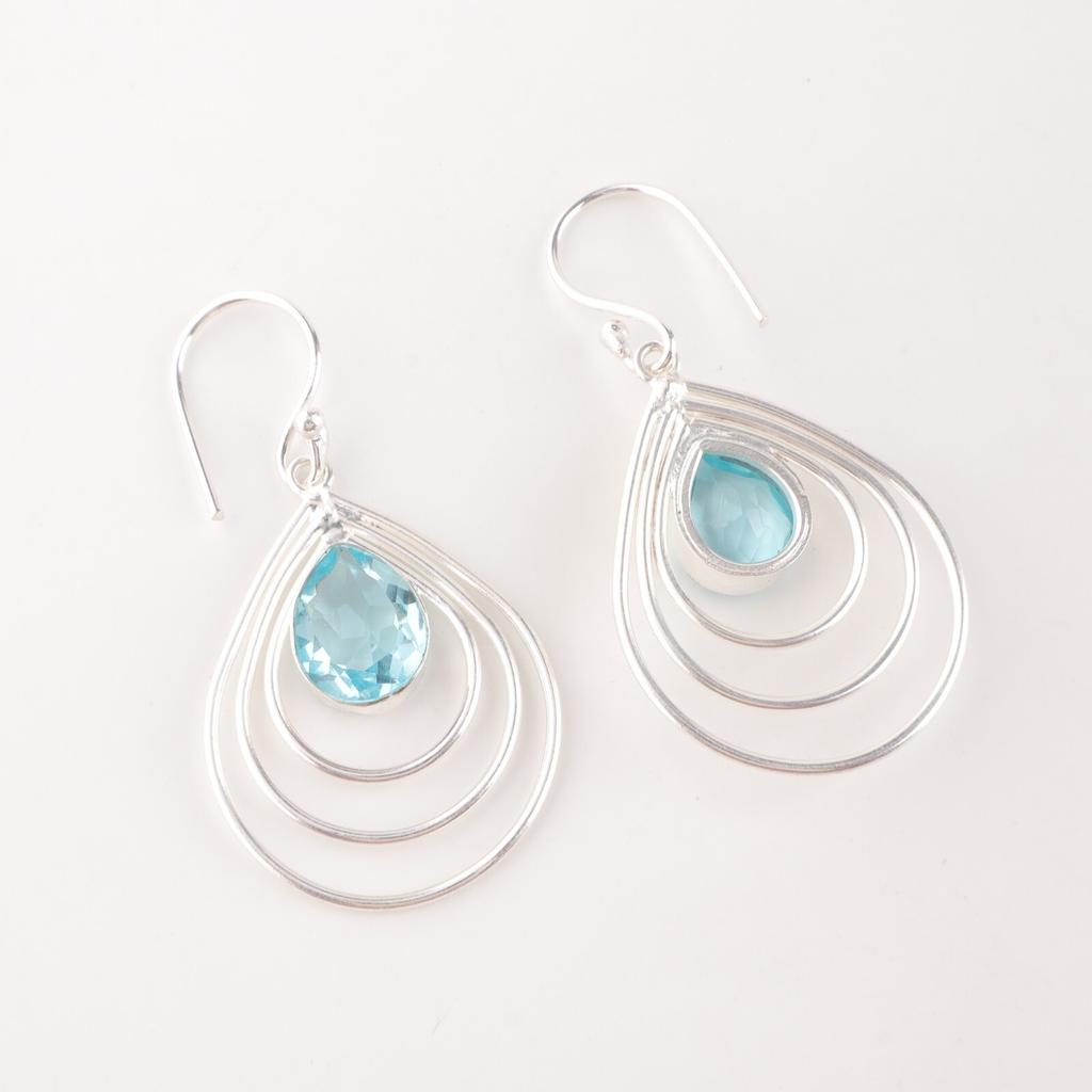 Natural Sky Blue Topaz Gemstone 925 Sterling Silver Handmade Hoop Earrings 1.80" EE-31-4