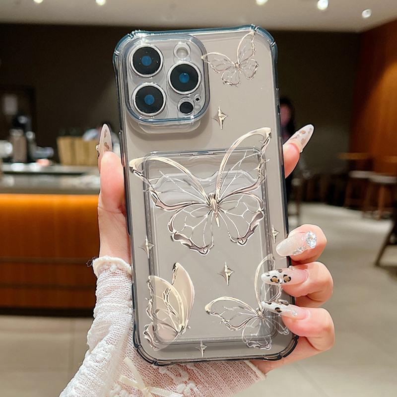 

Card Slot Pocket Clear Soft TPU Case For iPhone 17 16 15 14 13 Pro Max 16e 12 Hollow out Butterfly Printed Silicone Phone Cover iPhone 15