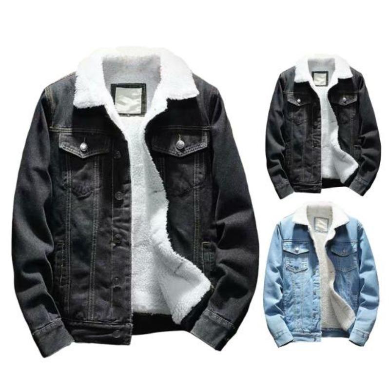 Giacca da Uomo con Bavero Manica Lunga in Tessuto Denim Cappotto con Tasche a Pattina Ispessito