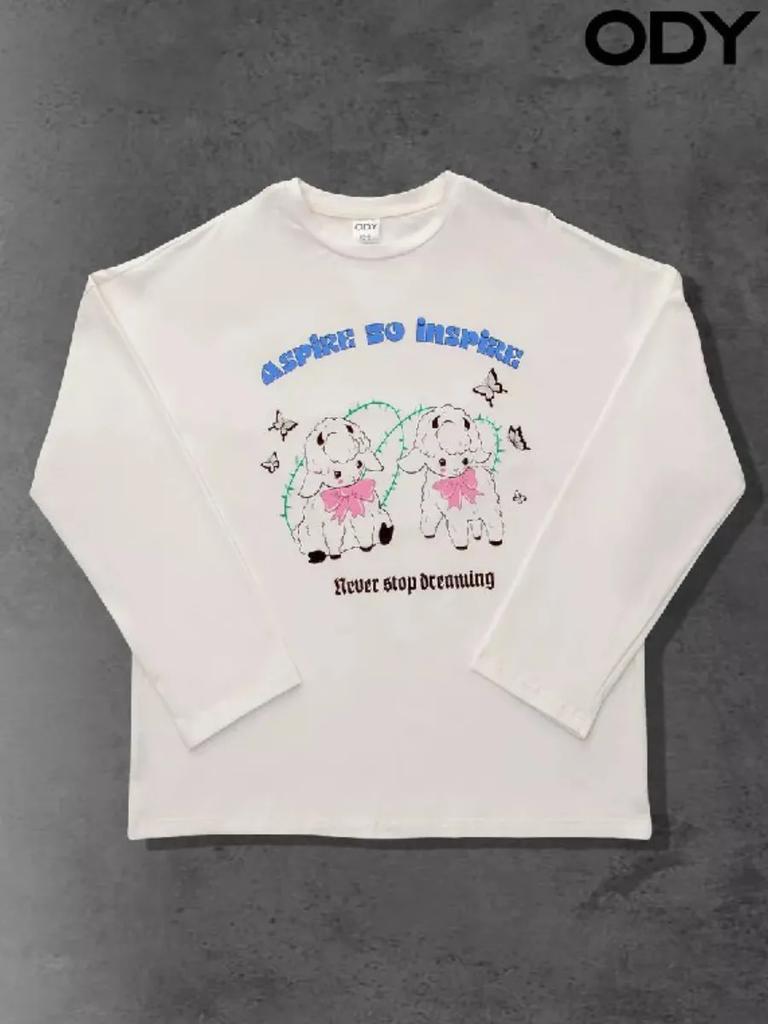 Cute fun age reduction sweet girl heart lamb print autumn European and American style new pure cotton t-shirt