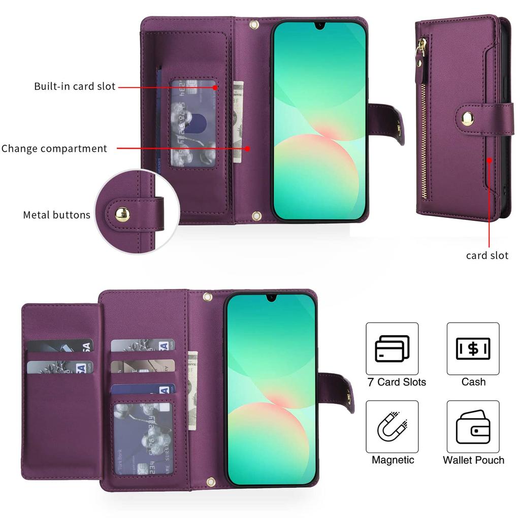 Flip Wallet Case for Samsung Galaxy A05/A06/A15/A16/A25/A26/A32/A36/A42/A53/A56/A71/A73, Zipper Pocket Cover with Card Holder
