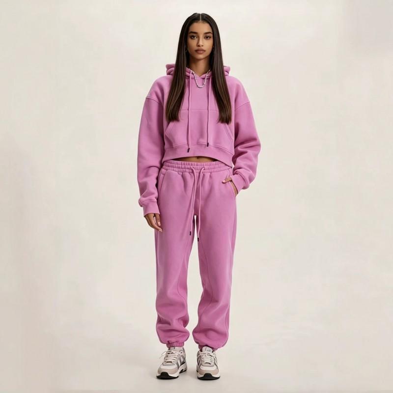 Womens European Style Hooded Sweatshirt Set Fleece Lined Casual Streetwear 2-Piece