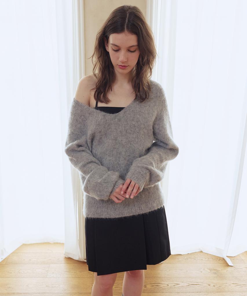 AFTERHOURS Deep V-Neck Alpaca Wool Knit Top (Melange Grey)