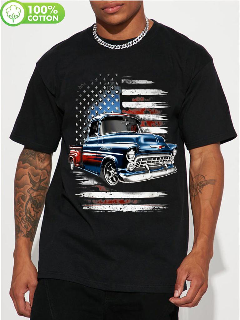100% Cotton Patriotic T-shirt - Vintage Pickup Truck & Distressed American Flag Graphic