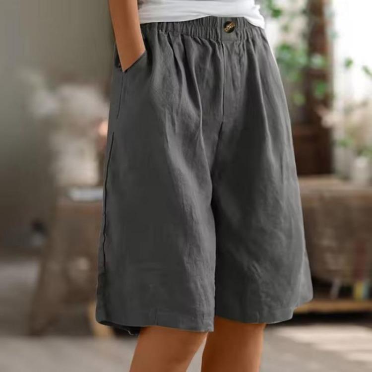 Pantaloni Corti da Donna in Cotone e Lino Moda Vita Elastica Ampia Colore Unico Tasca Bottone Pantaloncini Capris da Donna