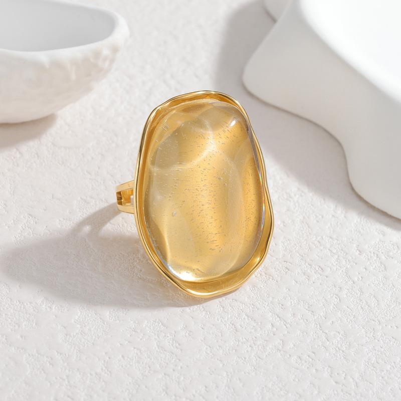DIEYURO 316L Stainless Steel Irregular Brown Resin Oval Maillard Opening Ring Women Fashion New Concise Waterproof Ring Jewelry