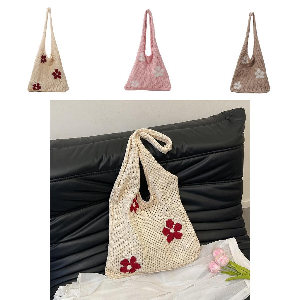 Flower Hollowed Knitting Tote Bag Large Capacity Casual Womens Shoulder Bag For Daily Use